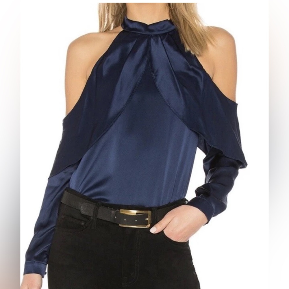 Parker Sonelle Blue 100% Silk Cold Shoulder Blouse ML